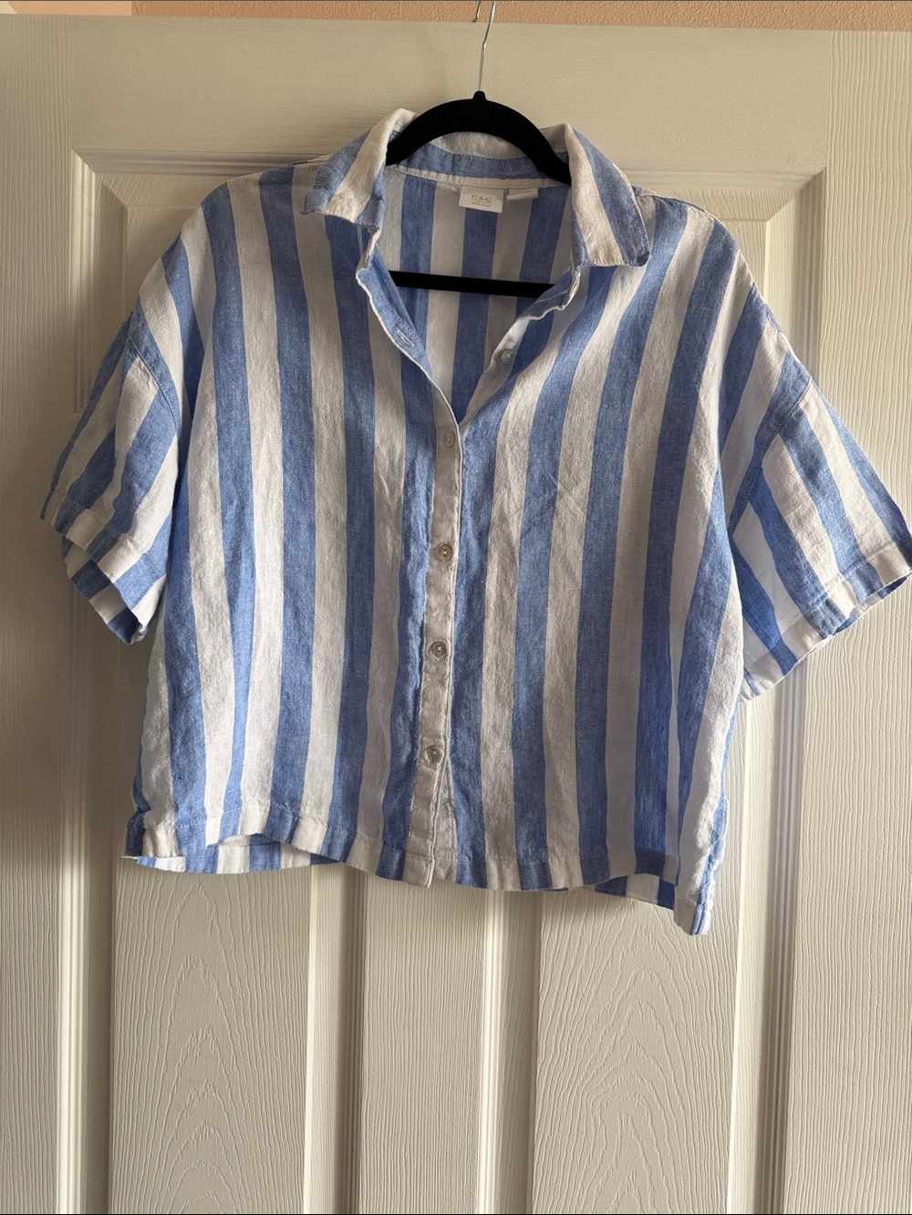 C&C California White and Light Blue Striped Cropped Button-Up Shirt